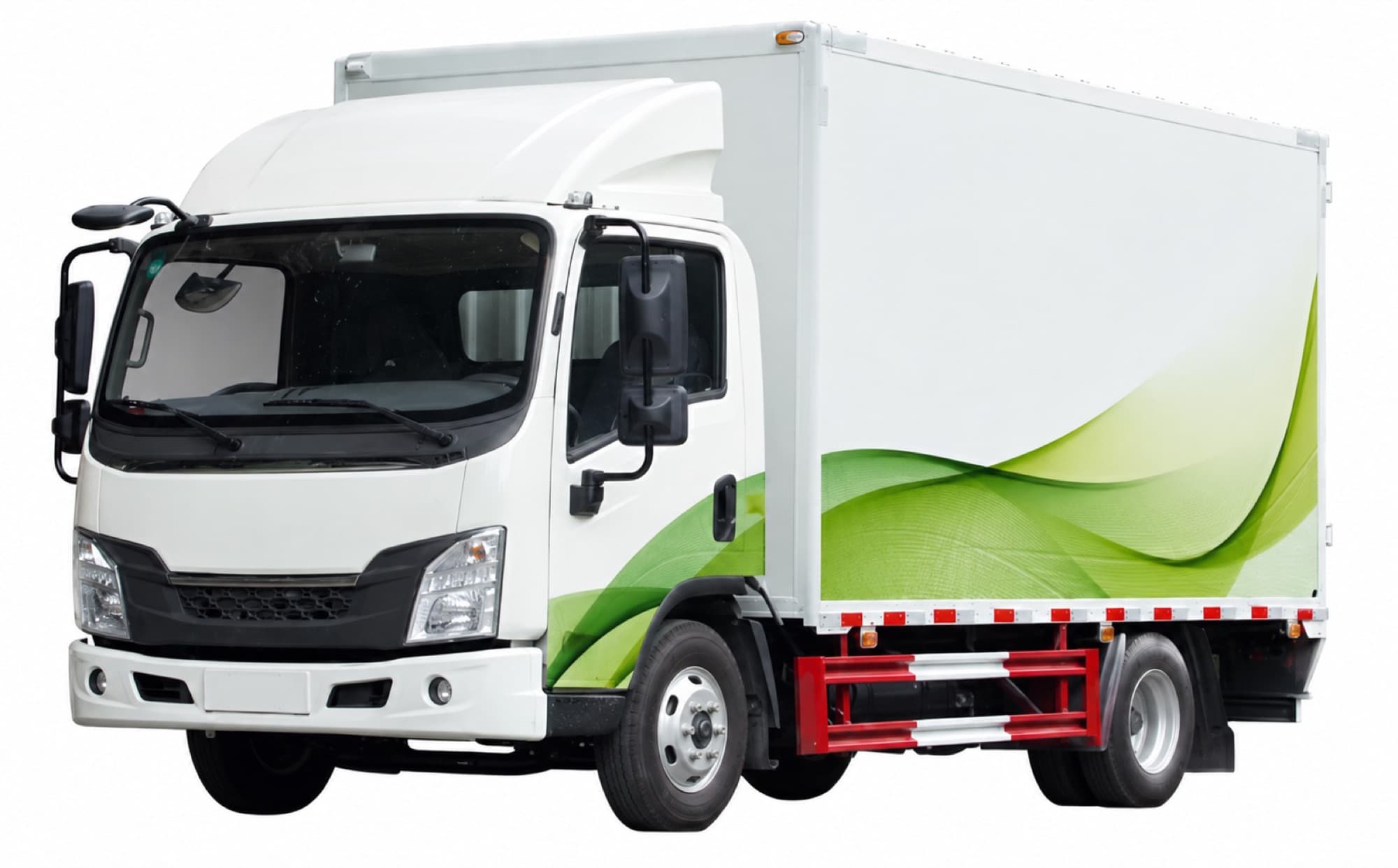 White electric box truck with green flowing livery, three-quarter front view